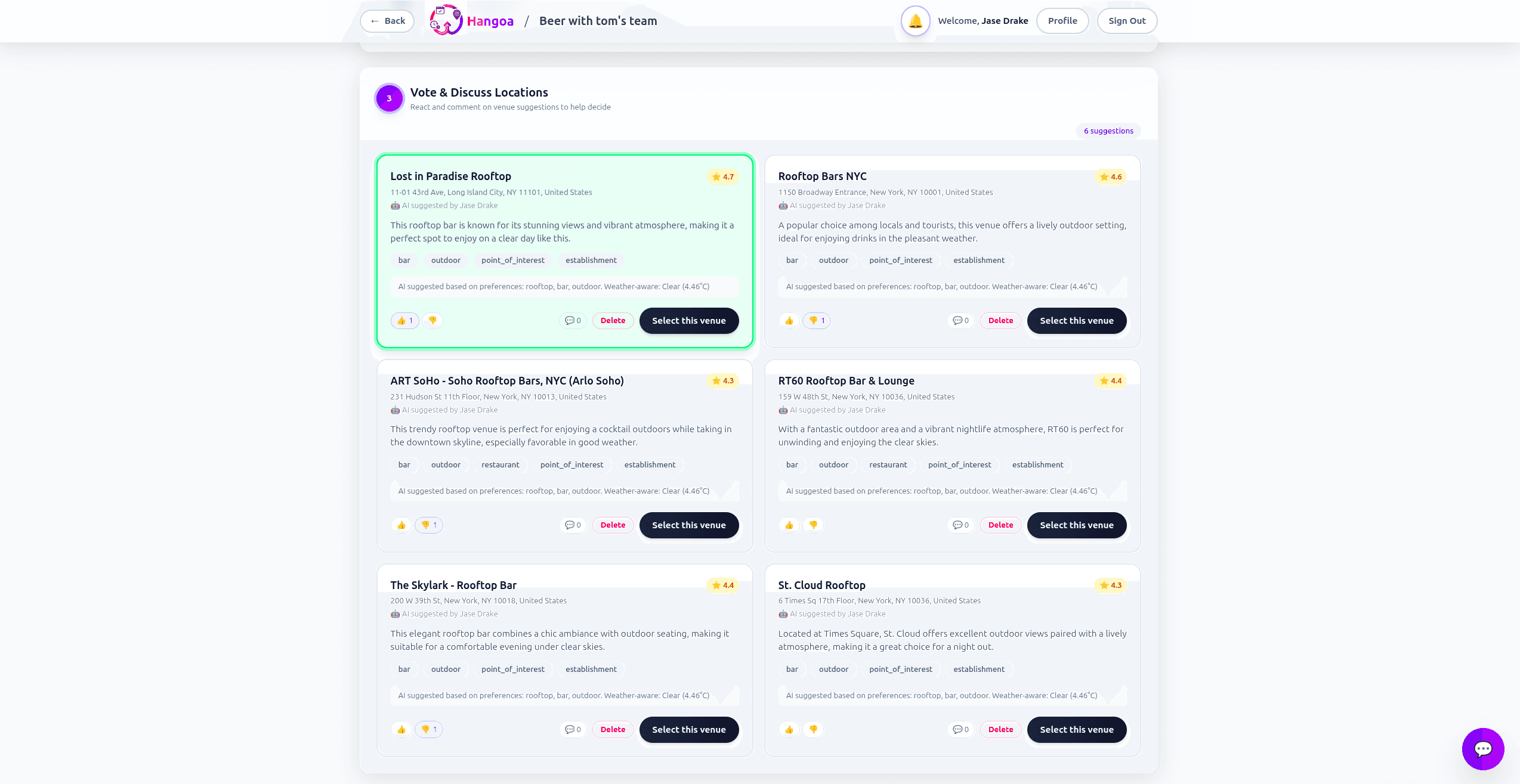 AI venue suggestions and voting